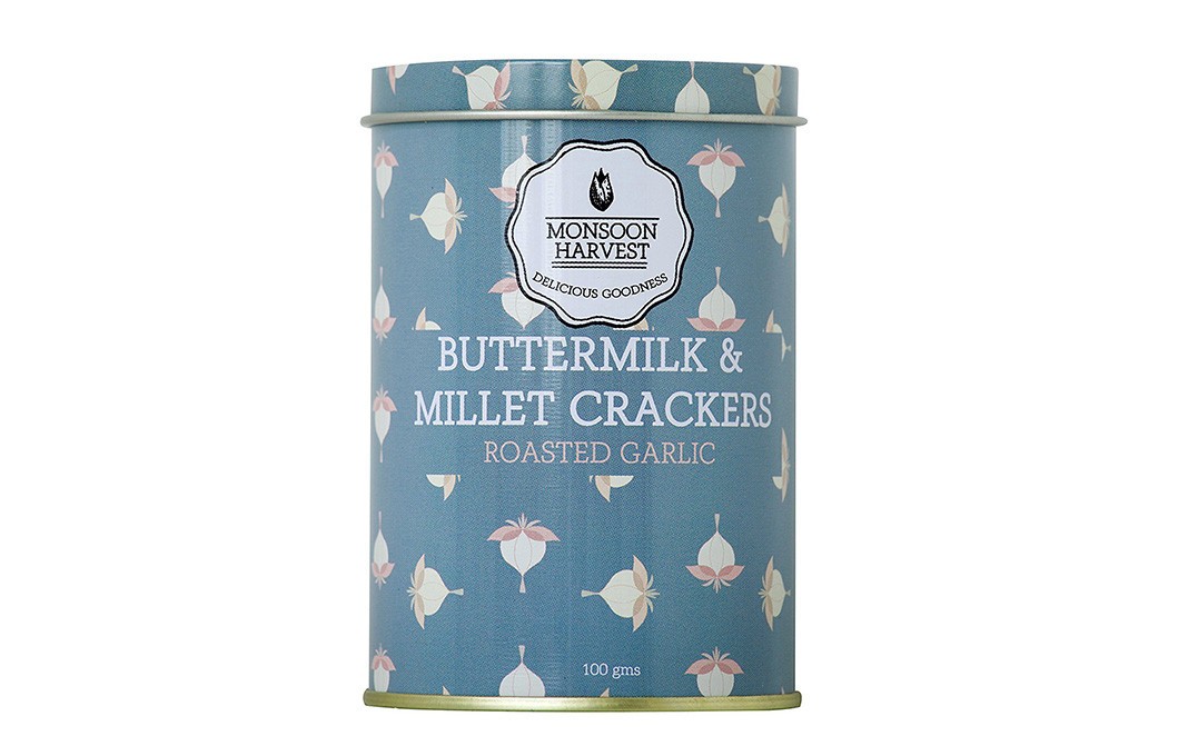 Monsoon Harvest Buttermilk & Millet Crackers, Roasted Garlic   Container  100 grams