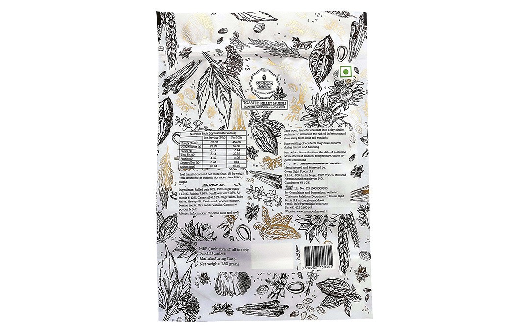 Monsoon Harvest Toasted Millet Muesli, Roasted Cacao Bean And Raisin   Pack  250 grams