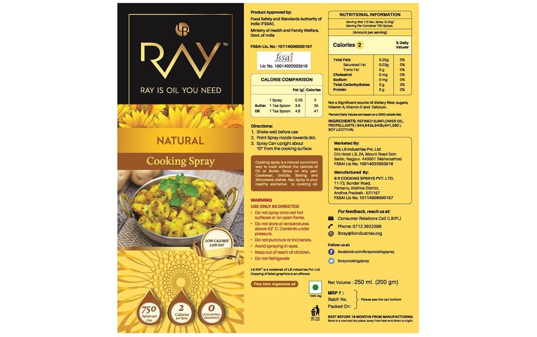 Ray Natural Cooking Spray    Tin  250 millilitre
