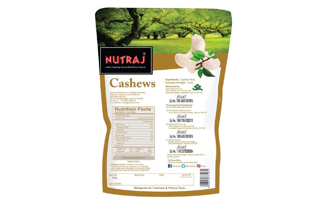 Nutraj Cashews    Pack  250 grams