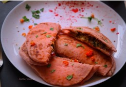 Chena and cheese stuffed beetroot kulcha sandwich recipe