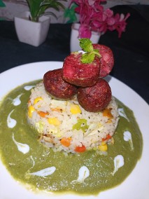 Beet kofta in spinach gravy with veg corn rice recipe